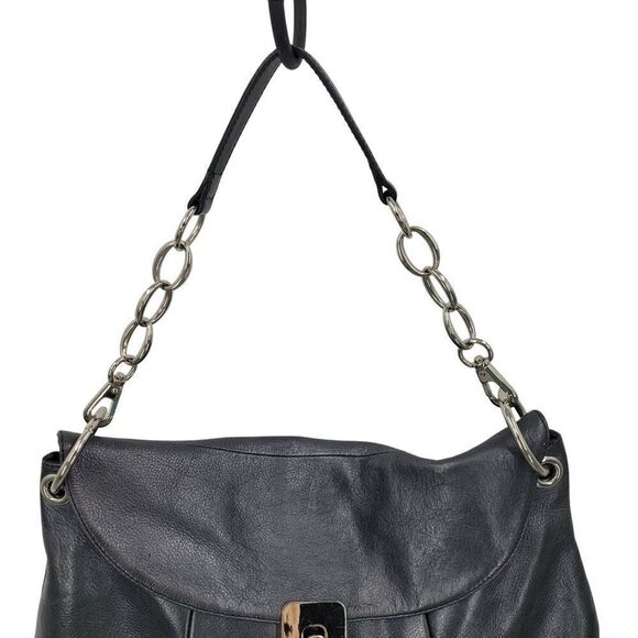 Kate Landry Metallic Gun Metal Leather Shoulder Bag Chain Strap Baguette Baddie - Picture 7 of 12
